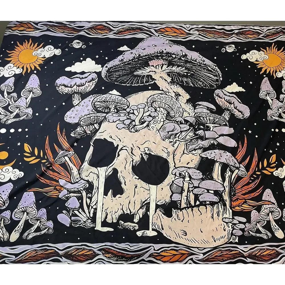 Psychedelic Mushroom Tapestry Black Celestial Sun Moon Stars Trippy Wall Hanging